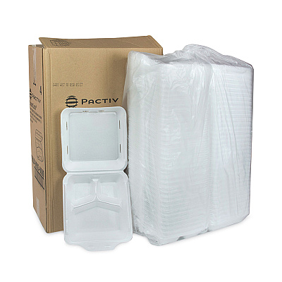 Pactiv Evergreen SmartLock Vented Foam Hinged Lid Container, 3-Compartment, 9 x 9.25 x 3.25, White, 150/Carton (PCTYHLWV9030000)