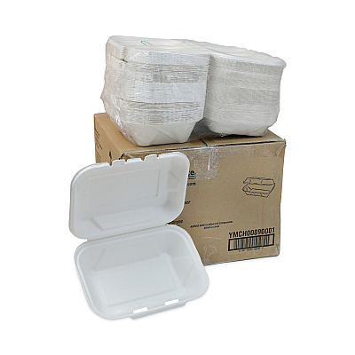 Pactiv Evergreen EarthChoice Bagasse Hinged Lid Container, Dual Tab Lock, 9.1 x 6.1 x 3.3, Natural, Sugarcane, 150/Carton (PCTYMCH00890001)