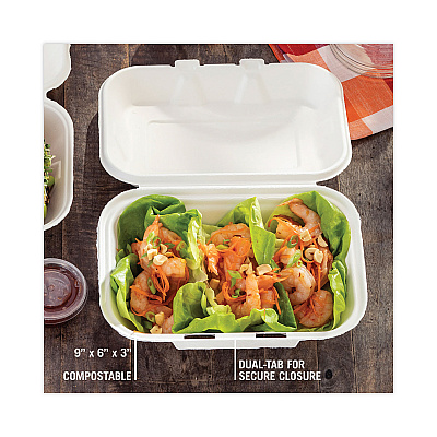Pactiv Evergreen EarthChoice Bagasse Hinged Lid Container, Dual Tab Lock, 9.1 x 6.1 x 3.3, Natural, Sugarcane, 150/Carton (PCTYMCH00890001)
