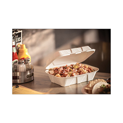 Pactiv Evergreen EarthChoice Bagasse Hinged Lid Container, Dual Tab Lock, 9.1 x 6.1 x 3.3, Natural, Sugarcane, 150/Carton (PCTYMCH00890001)