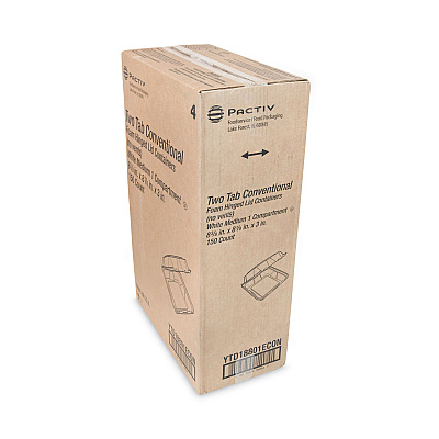 Pactiv Evergreen Vented Foam Hinged Lid Container, Dual Tab Lock Economy, 8.42 x 8.15 x 3, White, 150/Carton (PCTYTD18801ECON)