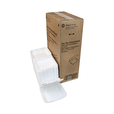 Pactiv Evergreen Vented Foam Hinged Lid Container, Dual Tab Lock Economy, 8.42 x 8.15 x 3, White, 150/Carton (PCTYTD18801ECON)