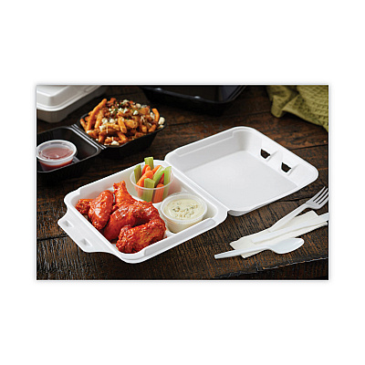 Pactiv Evergreen Vented Foam Hinged Lid Container, Dual Tab Lock Economy, 3-Compartment, 8.42 x 8.15 x 3, White, 150/Carton (PCTYTD18803ECON)
