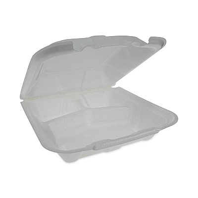 Pactiv Evergreen Vented Foam Hinged Lid Container, Dual Tab Lock Economy, 3-Compartment, 9.13 x 9 x 3.25, White, 150/Carton (PCTYTD19903ECON)