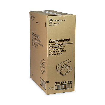 Pactiv Evergreen Vented Foam Hinged Lid Container, Dual Tab Lock Economy, 3-Compartment, 9.13 x 9 x 3.25, White, 150/Carton (PCTYTD19903ECON)