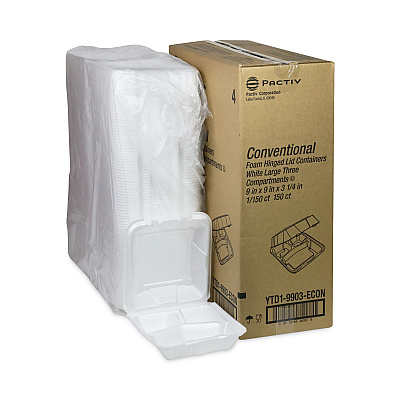 Pactiv Evergreen Vented Foam Hinged Lid Container, Dual Tab Lock Economy, 3-Compartment, 9.13 x 9 x 3.25, White, 150/Carton (PCTYTD19903ECON)