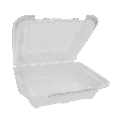 Pactiv Evergreen Vented Foam Hinged Lid Container, Dual Tab Lock, 8.42 x 8.15 x 3, White, 150/Carton (PCTYTD188010000)