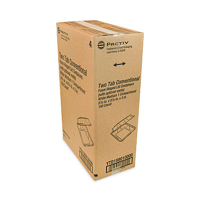 Pactiv Evergreen Vented Foam Hinged Lid Container, Dual Tab Lock, 8.42 x 8.15 x 3, White, 150/Carton (PCTYTD188010000)