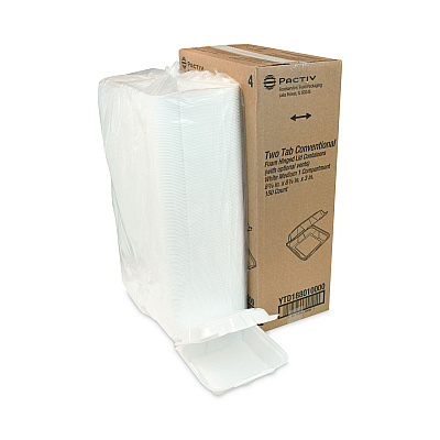 Pactiv Evergreen Vented Foam Hinged Lid Container, Dual Tab Lock, 8.42 x 8.15 x 3, White, 150/Carton (PCTYTD188010000)