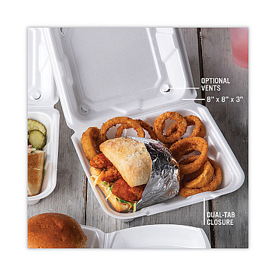 Pactiv Evergreen Vented Foam Hinged Lid Container, Dual Tab Lock, 8.42 x 8.15 x 3, White, 150/Carton (PCTYTD188010000)