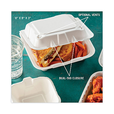 Pactiv Evergreen Vented Foam Hinged Lid Container, Dual Tab Lock, 8.42 x 8.15 x 3, White, 150/Carton (PCTYTD188010000)
