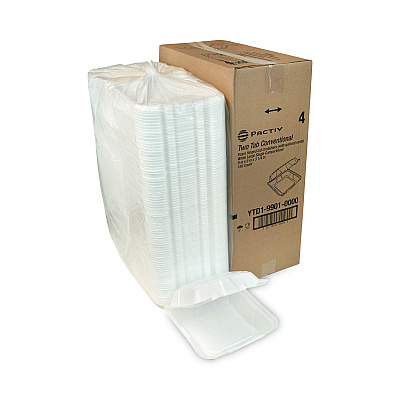 Pactiv Evergreen Vented Foam Hinged Lid Container, Dual Tab Lock, 9.13 x 9 x 3.25, White, 150/Carton (PCTYTD199010000)