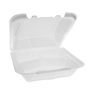 Pactiv Evergreen Vented Foam Hinged Lid Container, Dual Tab Lock, 3-Compartment, 9.13 x 9 x 3.25, White, 150/Carton (PCTYTD199030000)
