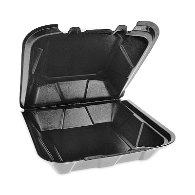 Pactiv Evergreen Vented Foam Hinged Lid Container, Dual Tab Lock, 9 x 9 x 3.25, Black, 150/Carton (PCTYTDB99010000)