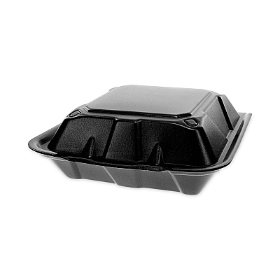 Pactiv Evergreen Vented Foam Hinged Lid Container, Dual Tab Lock, 9 x 9 x 3.25, Black, 150/Carton (PCTYTDB99010000)