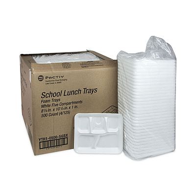 Pactiv Evergreen Foam School Trays, 5-Compartment Tray, 8.25 x 10.5 x 1,  White, 500/Carton (PCTYTH10500SGBX)