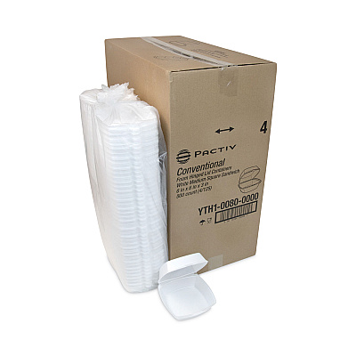 Pactiv Evergreen Foam Hinged Lid Container, Single Tab Lock, 6.38 x 6.38 x 3, White, 500/Carton (PCTYTH100800000)