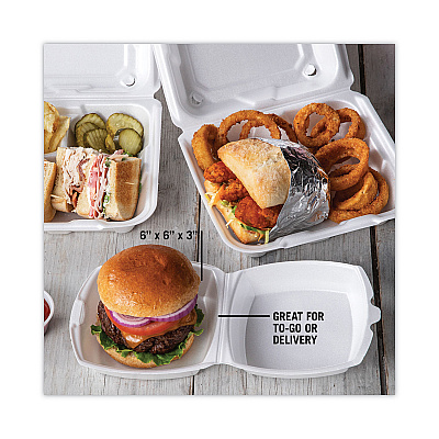 Pactiv Evergreen Foam Hinged Lid Container, Single Tab Lock, 6.38 x 6.38 x 3, White, 500/Carton (PCTYTH100800000)