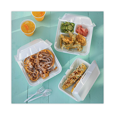 Pactiv Evergreen Foam Hinged Lid Container, Single Tab Lock #205 Utility, 9.19 x 6.5 x 2.75, White, 150/Carton (PCTYTH102050001)