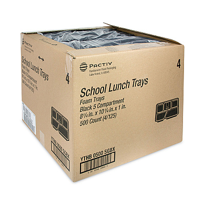 Pactiv Evergreen Foam School Trays, 5-Compartment Tray, 8.25 x 10.25 x 1, Black, 500/Carton (PCTYTHB0500SGBX)