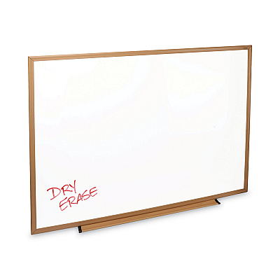 Universal Deluxe Melamine Dry Erase Board, 48 x 36, Melamine White Surface, Oak Fiberboard Frame (UNV43618)