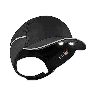 ergodyne Skullerz 8965 Lightweight Bump Cap Hat with LED Lighting, Short Brim, Black (EGO23368)