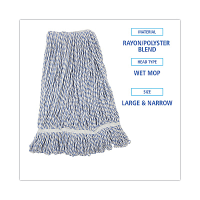 Boardwalk Mop Head, Floor Finish, Narrow, Rayon/Polyester, Large, White/Blue, 12/Carton (BWK543CT)