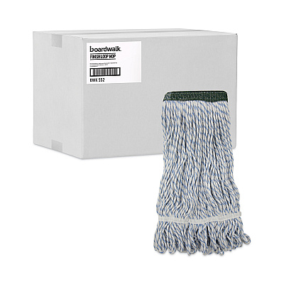Boardwalk Mop Head, Floor Finish, Wide, Rayon/Polyester, Medium, White/Blue, 12/Carton (BWK552)