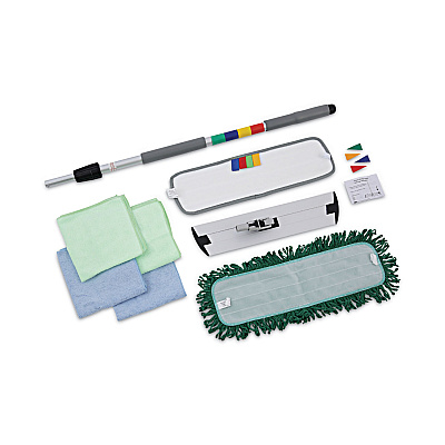 Boardwalk Microfiber Cleaning Kit, 18" Wide Blue/Green Microfiber Head, 35" to 60" Gray Aluminum Handle (BWKMFKIT)