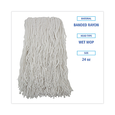 Boardwalk Banded Rayon Cut-End Mop Heads, #24, White, 1.25" Headband, 12/Carton (BWKRM03024S)