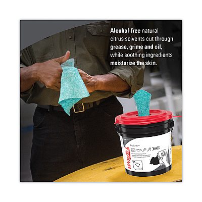 WypAll Power Clean ProScrub Pre-Saturated Wipes, Cloth, 9.5 x 12, Citrus Scent, Green, 75/Bucket (KCC91371EA)