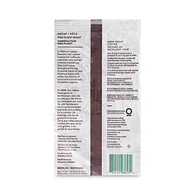 Starbucks Coffee, Pike Place Decaf, 2 1/2 oz Packet, 18/Box (SBK11023061)