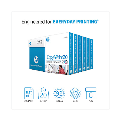 HP CopyandPrint20 Paper, 92 Bright, 20 lb Bond Weight, 8.5 x 11, White, 400 Sheets/Ream, 6 Reams/Carton (HEW200010)