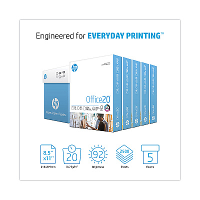 HP Office20 Paper, 92 Bright, 20 lb Bond Weight, 8.5 x 11, White, 500 Sheets/Ream, 5 Reams/Carton (HEW172160)