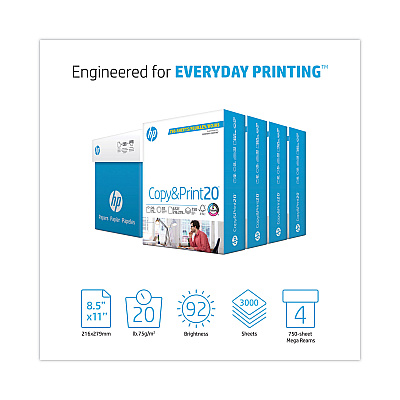 HP CopyandPrint20 Paper, 92 Bright, 20 lb Bond Weight, 8.5 x 11, White, 750 Sheets/Ream, 4 Reams/Carton (HEW200030)