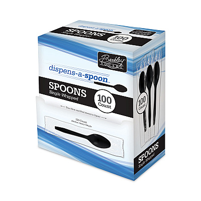 Berkley Square Dispens-a Spoon, Individually Wrapped, Mediumweight, Teaspoons, Black, 100/Box (BSQBEP90206)