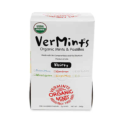VerMints Organic Mints/Pastilles, Assorted Flavors, 2 Mints/0.7 oz Individually Wrapped, 120/Box (VEMVNT00991)