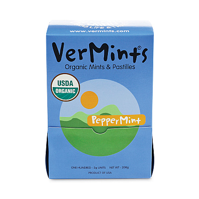 VerMints Organic Mints/Pastilles, Peppermint, 2 Mints/0.7 oz Individually Wrapped, 100/Box (VEMVNT00992)