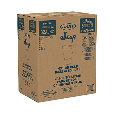 Dart Foam Drink Cups, 32 oz, Tapered Bottom, White, 25/Bag, 20 Bags/Carton (DCC32AJ32)