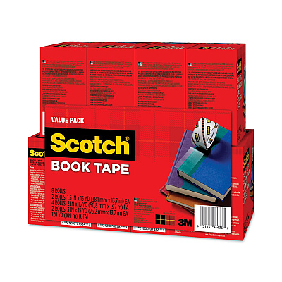Scotch Book Tape Value Pack, 3" Core, (2) 1.5" x 15 yds, (4) 2" x 15 yds, (2) 3" x 15 yds, Clear, 8/Pack (MMM845VP)