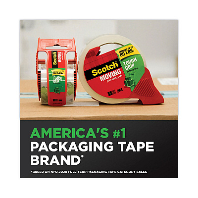 Scotch Tough Grip Moving Packaging Tape with Dispenser, 3" Core, 1.88" x 38.2 yds, Clear, 2/Pack (MMM3500S21RD)