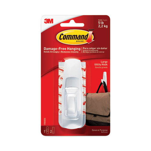 Command General Purpose Hooks, Large, Plastic, White, 5 lb Capacity, 1 Hook and 2 Strips/Pack (17003ES)