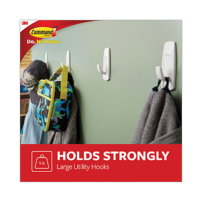 Command General Purpose Hooks, Large, Plastic, White, 5 lb Capacity, 1 Hook and 2 Strips/Pack (MMM17003ES)