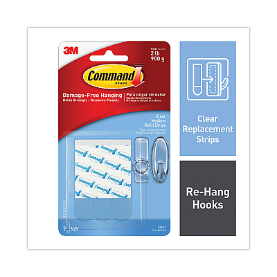 Command Refill Strips, Removable, Holds Up to 2 lbs, 0.63 x 1.75, Clear, 9/Pack (MMM17021CLRES)