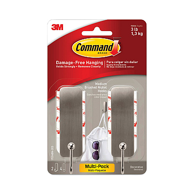 Command Decorative Hooks, Medium, Metal, Brushed Nickel, 3 lb Capacity, 2 Hooks and 4 Strips/Pack (MMM17034BN2ES)