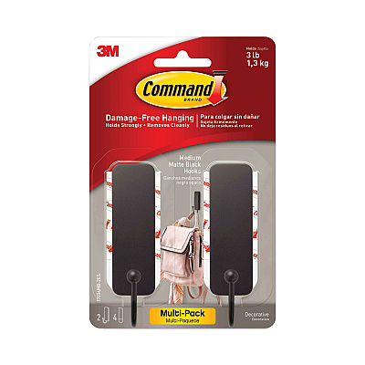 Command Decorative Hooks, Medium, Plastic, Matte Black, 3 lb Capacity, 2 Hooks and 4 Strips/Pack (MMM17034MB2ES)