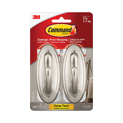 Command Decorative Hooks, Traditional, Large, Metal, Brushed Nickel, 5 lb Capacity, 2 Hooks and 4 Strips/Pack (MMM17053BNVPES)