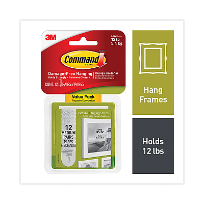 Command Picture Hanging Strips, Value Pack, Medium, Removable, Holds Up to 12 lbs, 0.75 x 2.75, White, 12 Pairs/Pack (MMM1720412ES)