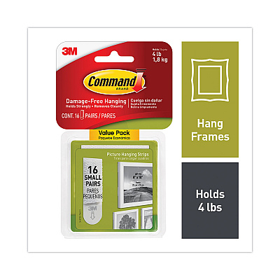 Command Picture Hanging Strips, Value Pack, Small, Removable, Holds Up to 4 lbs, 0.63 x 1.81, White, 16 Pairs/Pack (MMM1720516ES)