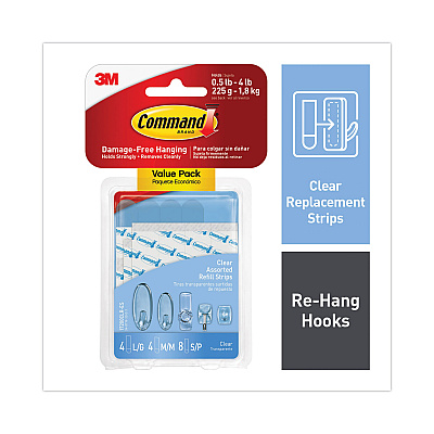 Command Assorted Refill Strips, Removable, (8) Small 0.75 x 1.75, (4) Medium 0.75 x 2.75, (4) Large 0.75 x 3.75, Clear, 16/Pack (MMM17200CLRES)